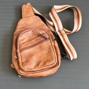 Tan Leather Belt Bag with Striped Strap
